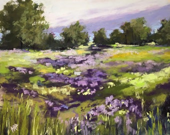 Lavender Floral Meadow Landscape Original Soft Pastel Painting 11x14