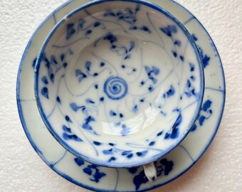 Antique Chinese Blue White Tek Sing Style Porcelain Cup and Saucer Circa 1930s