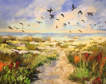 Birds in Flight Beach Seascape Original Soft Pastel Painting