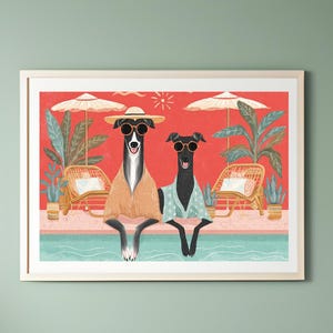 May include: A framed art print featuring two dogs relaxing by a pool. The dogs are wearing sunglasses and sitting on the edge of the pool. The background is a vibrant red with beach umbrellas and tropical plants.