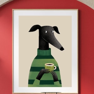 May include: A framed art print featuring a stylized black dog wearing a green and white striped sweater. The dog is holding a green mug with the word "YUM" on it. The background is a neutral beige color.
