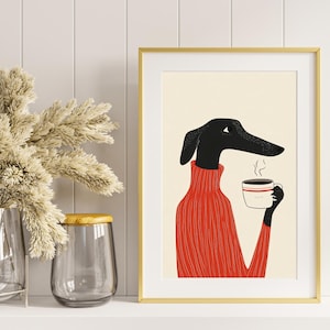 Può includere: Un'illustrazione in bianco e nero di un cane che indossa un maglione rosso e tiene una tazza di caffè. Il cane guarda a destra e c'è del vapore che esce dalla tazza.