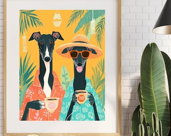 Amantes del café y los galgos bohemios: lámina decorativa de pared con un diseño original de perros.