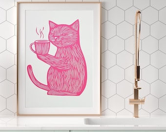 Stampa di un gatto rosa in stile caffè: divertente poster in stile linoleografia (download digitale)