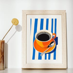 May include: A framed art print featuring a vibrant orange coffee cup and saucer with a silver spoon, set against a blue and white striped background. The cup is filled with dark coffee. The artwork is in a light wooden frame.