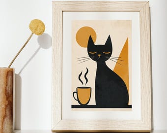 May include: A framed print of a black cat sitting with a steaming cup of coffee. The cat has closed eyes and a relaxed expression. The background is a muted beige with a yellow sun and geometric shapes.