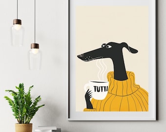 Greyhound Coffee Print: Minimalist Dog Art in Yellow Sweater (Digital Download