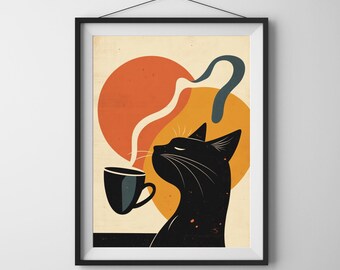 Retro Kaffee Katze Kunstdruck: Minimalistische Küche Cafe Dekor (Digitaler Download)