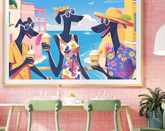 Greyhound Coffee Art Print: Whimsical Dog Illustration, Mediterranean Vibes (Digital Download)
