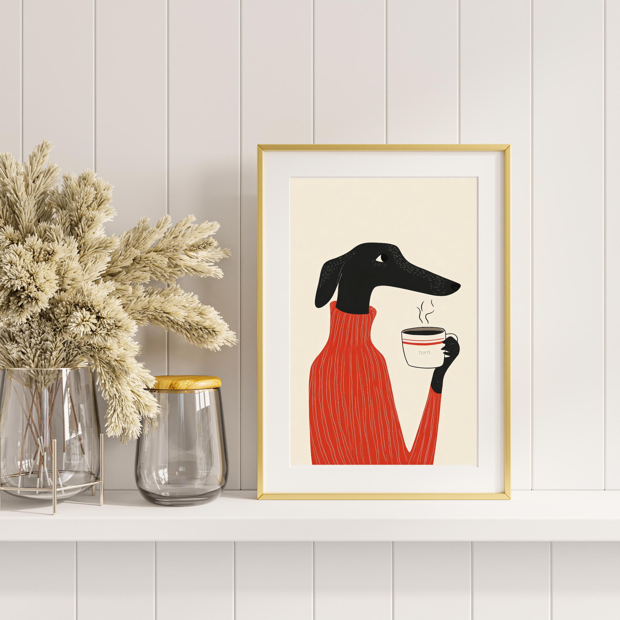 Windhund Kaffee Kunstdruck: Hund im Pulli (Digitaler Download)