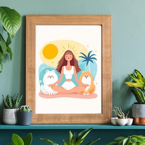 May include: A framed art print featuring a woman meditating with two fluffy dogs on a beach. The illustration has a sunny background with a palm tree. The woman is wearing white clothing. The frame is made of light brown wood.