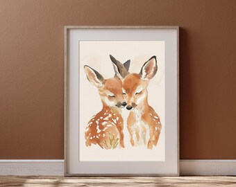 Watercolor Deer Art Set – Woodland Animal Printable Wall Decor, Neutral Boho Illustration