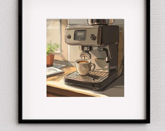 May include: An illustration of a coffee machine brewing a cup of coffee. The machine is dark brown with a silver spout, and the cup is white. The background shows a window, a plant, and a wooden countertop.