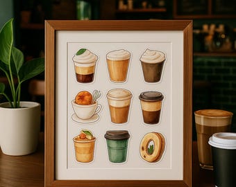Watercolor Coffee Stickers: Latte, Espresso, Pastry Clipart (Digital Download, JPG Files)