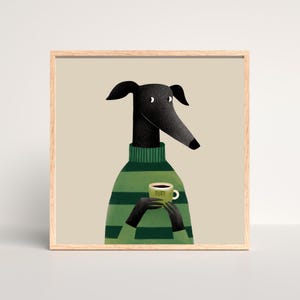 May include: Square framed art print featuring a stylized black dog wearing a green and white striped sweater. The dog is holding a green mug with the word "TUTTI" on it. The background is a solid beige color.