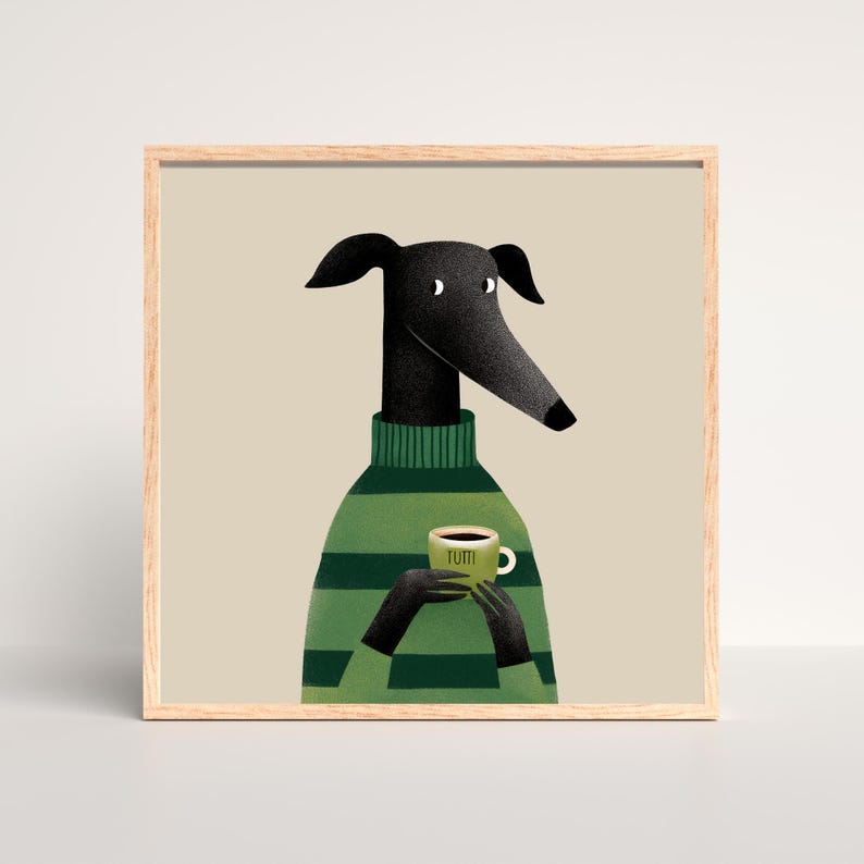 May include: Square framed art print featuring a stylized black dog wearing a green and white striped sweater. The dog is holding a green mug with the word "TUTTI" on it. The background is a solid beige color.