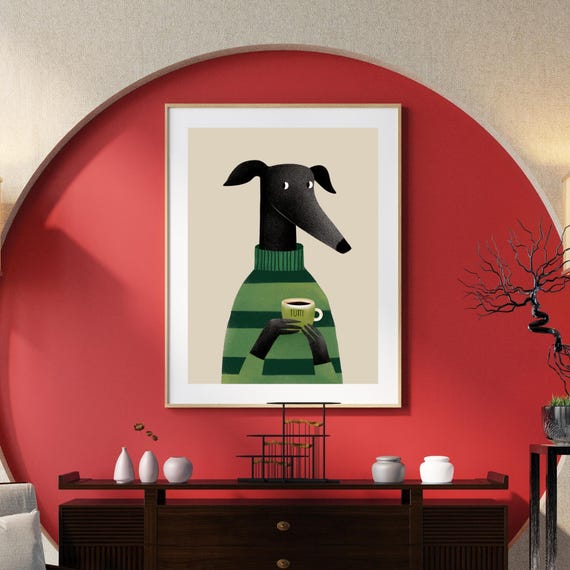 Whimsical Greyhound Coffee Print: Funny Dog Poster, Cozy Green Decor (Digital Download)
