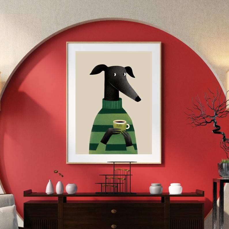 May include: A framed art print featuring a stylized black dog wearing a green and white striped sweater. The dog is holding a green mug with the word "YUM" on it. The background is a neutral beige color.