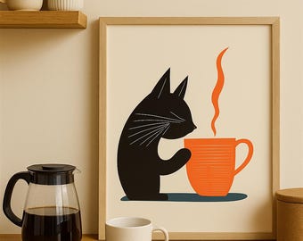 Minimalistische schwarze Katze mit Kaffeetasse - Wandkunst im Vintage Stil
