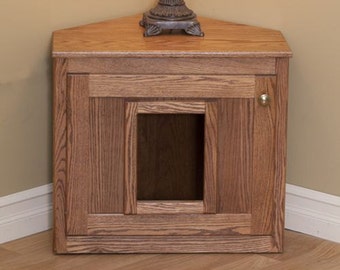 Wood Working Plans Hideaway Litter Box | Cat Litte Furniture  | Corner Litter Box Made of Spruce Wood With Door | Oak Wood Hidden Litter Box