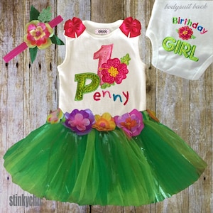 1st birthday hawaiian hibiscus outfit personalized embroidered baby girl first birthday tutu set with hibiscus onsie, hula tutu, headband