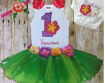 1st birthday hawaiian hibiscus outfit for baby girl, personalized embroidered bodysuit hula tutu set aloha hibiscus headband birthday luau