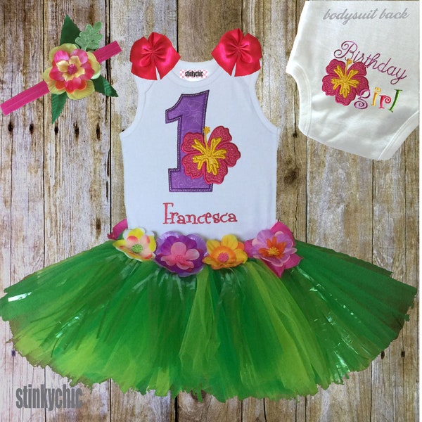 1st birthday hawaiian hibiscus outfit for baby girl, personalized embroidered bodysuit hula tutu set aloha hibiscus headband birthday luau