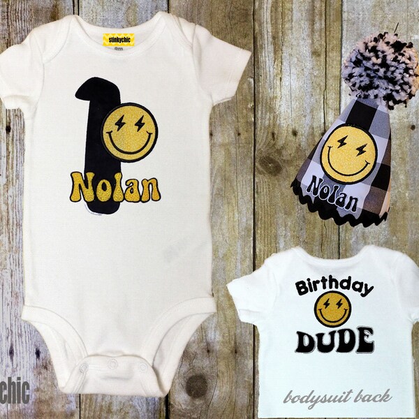 first birthday bodysuit, one happy dude bodysuit, happy face birthday bodysuit, birthday bodysuit, groovy birthday, happy dude birthday hat