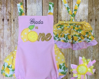 First birthday lemon romper personalized embroidered lemonade outfit baby girl summer birthday clothing lemon 1st birthday cake smash