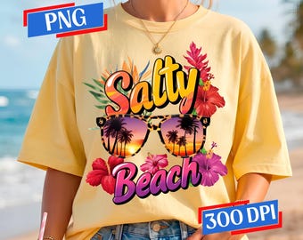 Diseño de camiseta con flores tropicales y playa salada / PNG para sublimación de verano - Descarga digital instantánea