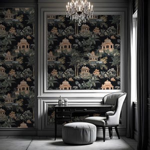 Dark Mughal Wallpaper Peel and Stick, Exotic Jaipur Garden Wall Mural with Elephants, Jungle Indian Palace Wall Paper, Removable Wallpaper