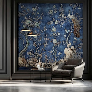 Blue Chinoiserie Peel and Stick Wallpaper, Removable Light Blue Floral Wall Mural, Non Woven Landscape Mural,