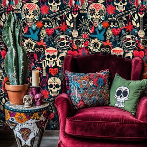 Carta da parati murale con teschio di zucchero, carta da parati staccabile Pop Art, carta da parati murale rimovibile Dia de Los Muertos, carta da parati murale con teschio audace in tessuto non tessuto