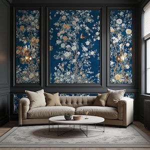 Marine Blumentapete, Abnehmbare Chinoiserie, Blaues botanisches Wandbild, Elegante Garten-Vinyltapete