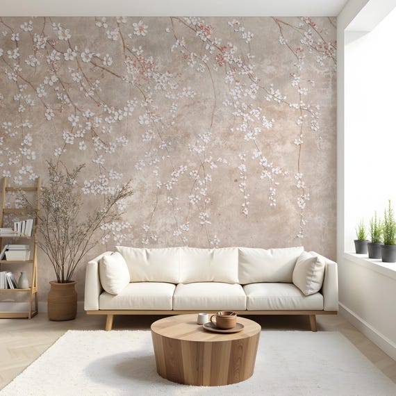 Beige Wallpaper Peel and Stick Floral Wall Mural, Soft Blossom Non Woven Japandi Style Removable Vinyl Wall Art