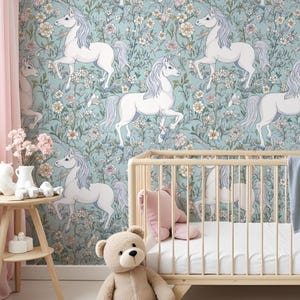 Whimsical Unicorn Peel and Stick Wallpaper, Fairy Nursery Wall Mural with Horse, Enchanting Girls Room Wallpaper, Removable Wallpaper