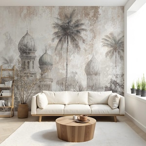 Indian Palace Wallpaper, Jaipur Wallpaper, Palm Tree Wall, Vintage Mural, Sepia Architecture Mural, Exotic Decor, Peel and Stick, Removable