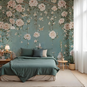 Muted Green Wallpaper, Light Green Floral Wall Mural, Asian Garden Mural, Peel and Stick Blossom, Wall Paper, Removable Non Woven
