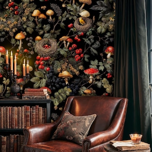 Dark Mushroom Peel and Stick Wallpaper, Enchanted Woodland Mural, Whimsical Animals in Dark Forest Night Removable Vinyl, Non Woven Mural