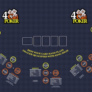 May include: A dark blue 4 Card Poker table layout with text and graphics. The table features the words "4 Card Poker" and "Wonllway Casino". It includes areas for "Play", "Ante", and "Queens Up" bets, along with a central area for cards.