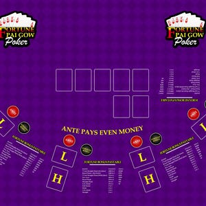 May include: A purple felt gaming table with a Fortune Pai Gow Poker layout. The table features a large, gold-colored logo with the text "Fortune Pai Gow Poker" and the text "Ante Pays Even Money". The table also includes a payout chart for different hands.