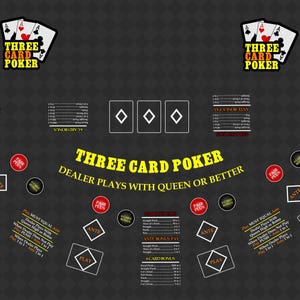 May include: A black felt three-card poker table with yellow and red accents. The table features a dealer's button, ante and play betting areas, and a payout chart. The table is labeled "Three Card Poker" and "Wonllway Casino".