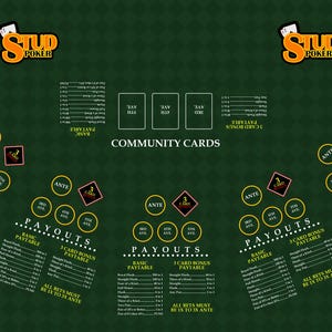 May include: Green Stud Poker table with the "Wonllway Casino" logo and "Stud Poker" text. The table features payout charts, community cards, and ante circles. The design includes card symbols and text.