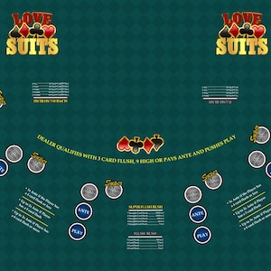 May include: A green casino table with the words "LOVE SUITS" in gold lettering. The table has spaces for players with "ANTE" and "PLAY" buttons, and "SUPER FLUSH RUSH" areas. The Wonllway Casino logo is visible.