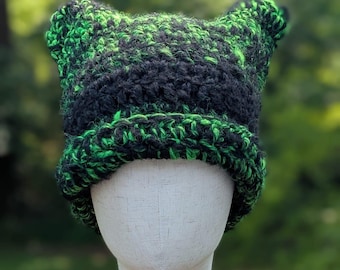 Fuzzy Cat Ear Beanie | Adult | Green & Black