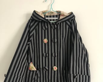 Miss Navy Stripes and Floral with a Little Handkerchief - Hood - Double Breasted Coat - Handmade - MelissaM - New Zealand
