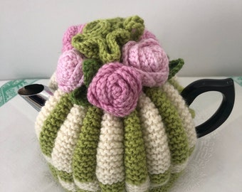 Retro hand knitted Tea Cosy - crocheted rosette flowers - Nz - Available for Immediate Shipping