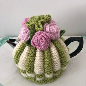 Retro hand knitted Tea Cosy - crocheted rosette flowers - Nz - Available for Immediate Shipping