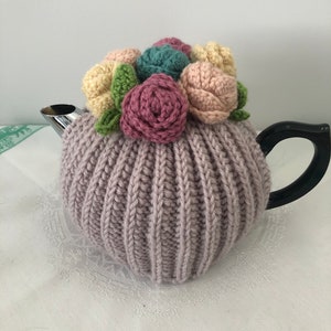 Retro hand knitted Tea Cosy crocheted rosette flowers Nz Available for Immediate Shipping image 8