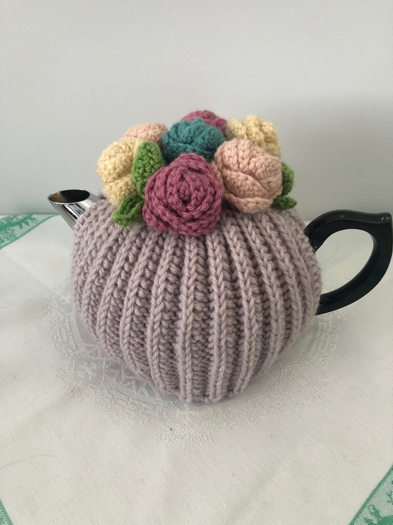 Retro hand knitted Tea Cosy crocheted rosette flowers Nz Available for Immediate Shipping image 8